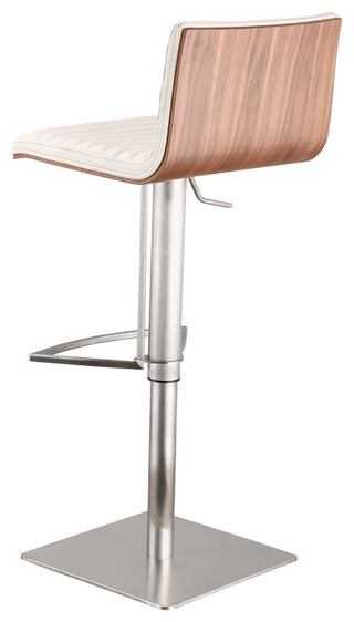 Cafe Adjustable PU Bar Stool With Walnut Back, Seat: White, Base: Brushed Stainless Steel