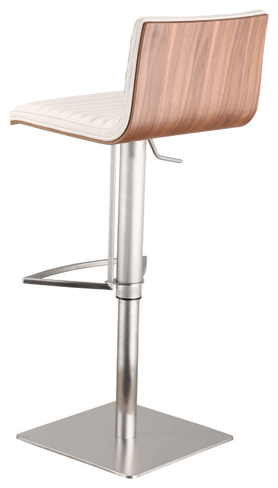 Cafe Adjustable PU Bar Stool With Walnut Back, Seat: White, Base: Brushed Stainless Steel