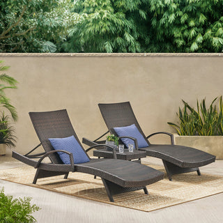 GDF Studio Olivia Outdoor 3-Piece Wicker Adjustable Armed Chaise Lounge Set