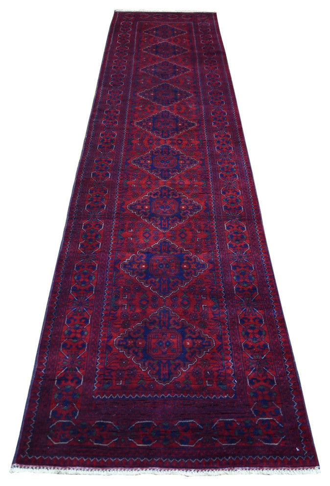 Red Afghan Khamyab Wool Geometric Design Hand knotted Wool Runner Rug 2'9"x13'2"