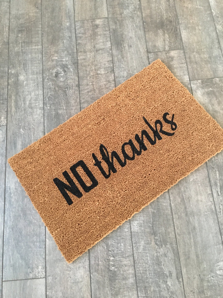 Hand Painted "No Thanks" Welcome Mat, Amazon Dark Green