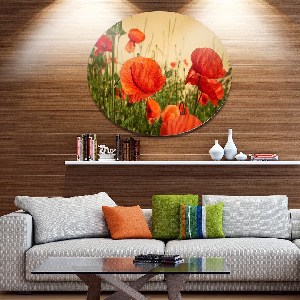 Colorful Red Poppy Flower Field, Flower Disc Metal Artwork, 23"