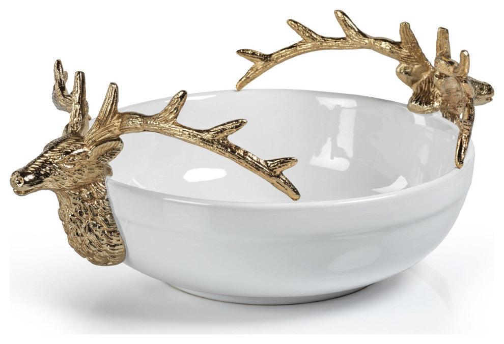 Alberg Ceramic Bowl With Gold Stagg Head Design, Medium