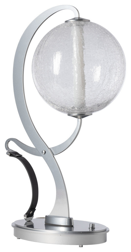 Pression Table Lamp, Sterling Finish, Black Leather, Crackle Glass