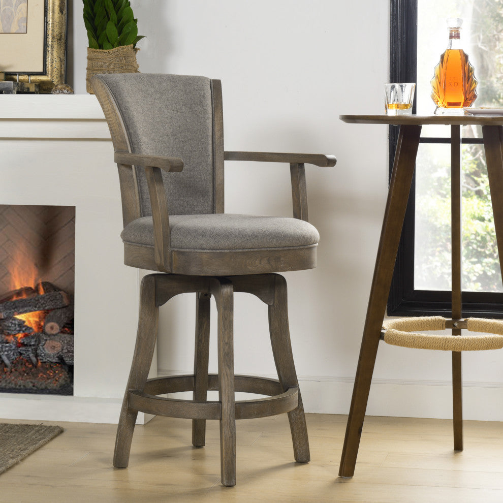 Williams Swivel Bar and Counter Stool With Armrests, Heathered Grey Linen, Counter Height