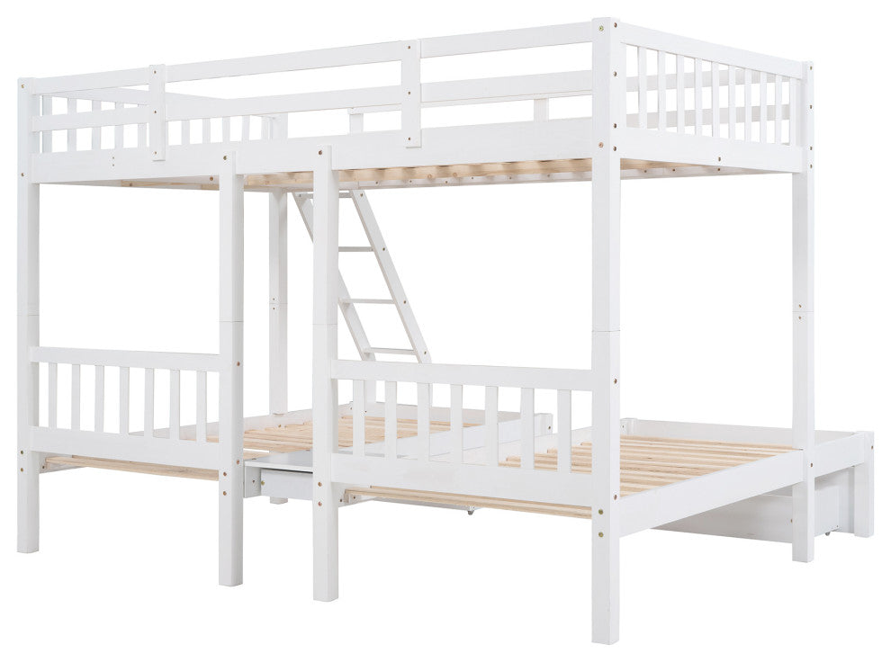 Gewnee Full Over Twin Wood Triple Bunk Bed with Drawers In White