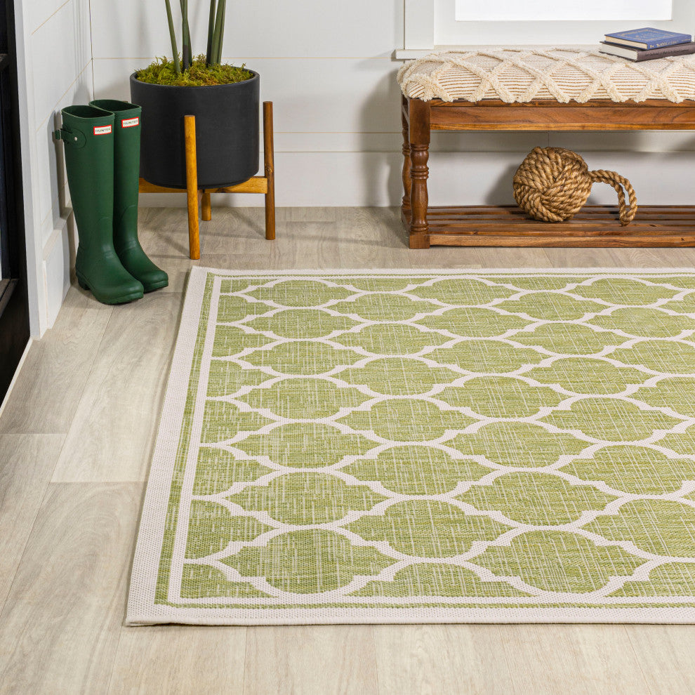 Trebol Moroccan Trellis Textured Weave Indoor/Outdoor, Green/Cream, 5 X 8