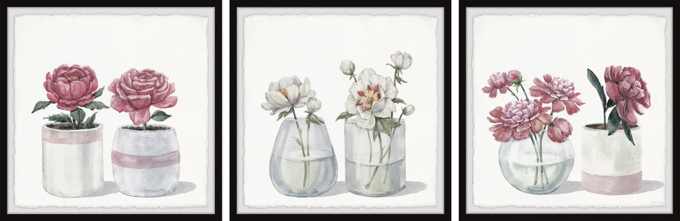 Pretty Pink Flowers Triptych, Set of 3, 12x12 Panels