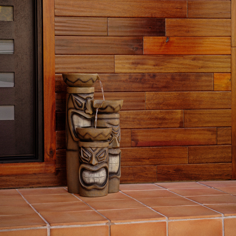 29" Tall Outdoor 3-Tier Tiki Head Water Fountain Yard DÃ©cor
