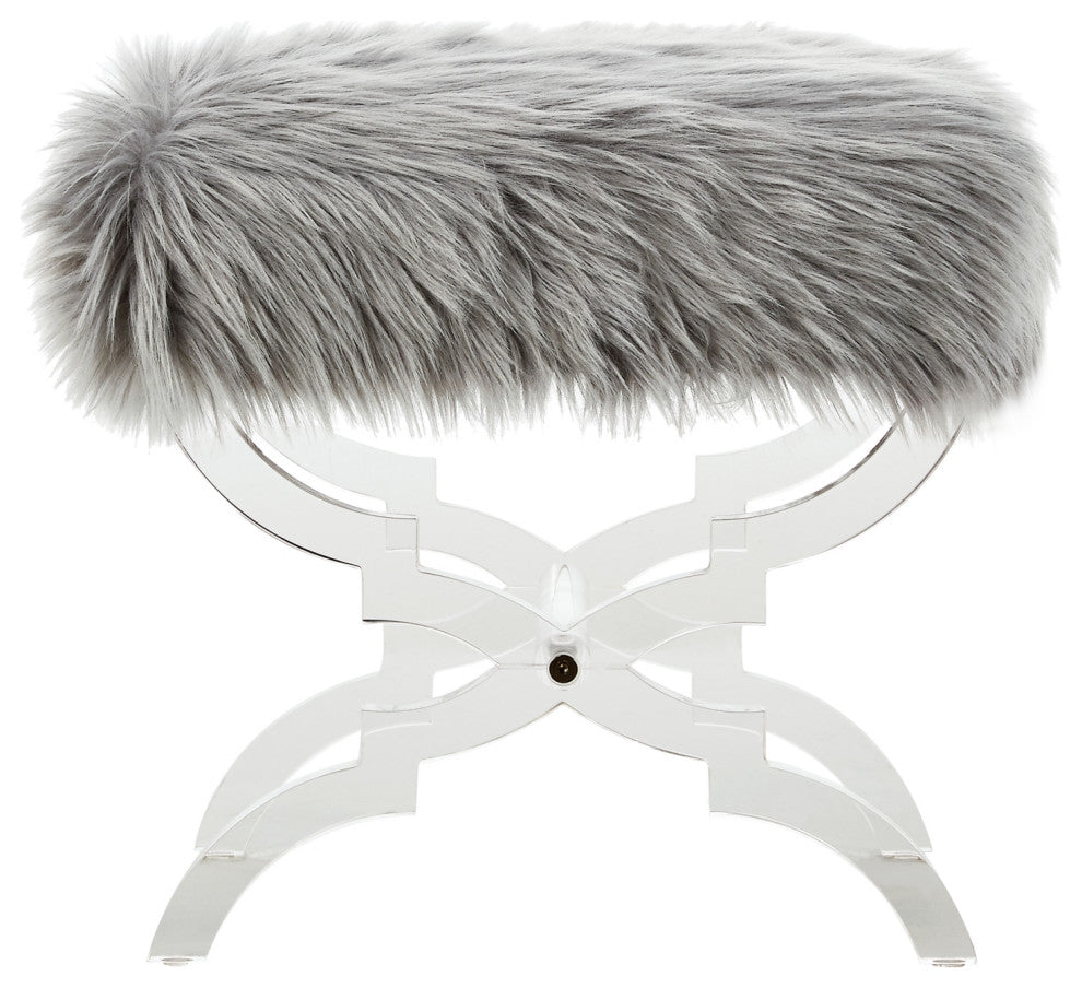 Enzo Faux Fur Acrylic X-Leg Ottoman, Gray