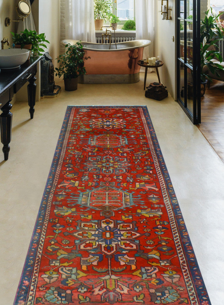 Fine Vintage Distressed Roseanna Red/Navy Runner, 2'11 x 10'7