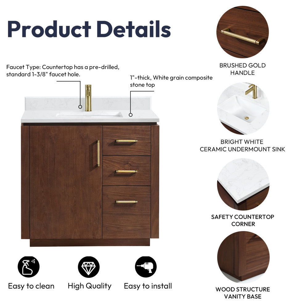 San Bath Vanity with Stone Top, Natural Walnut, 36", Single Vanity, With Mirror