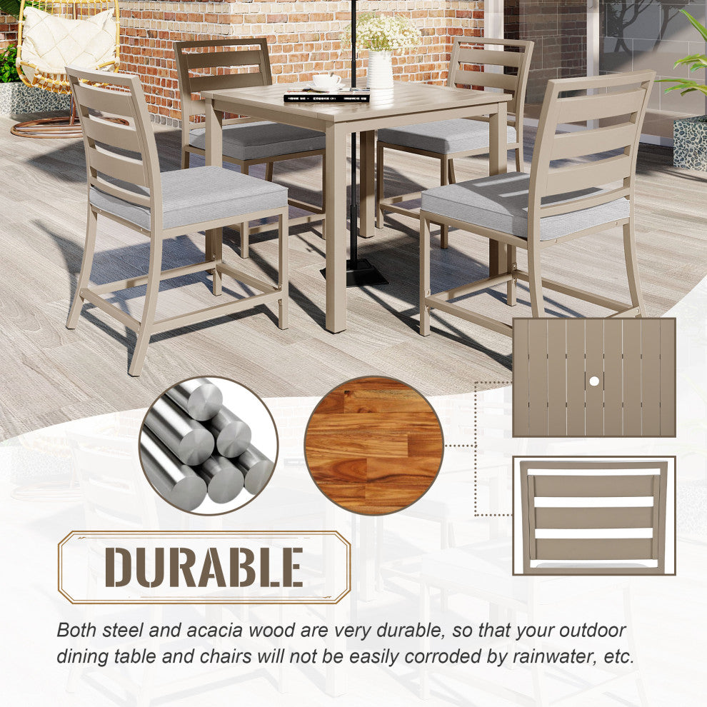 5-Piece Outdoor Steel Patio Dining Set with table and four chairs, Brown Gray
