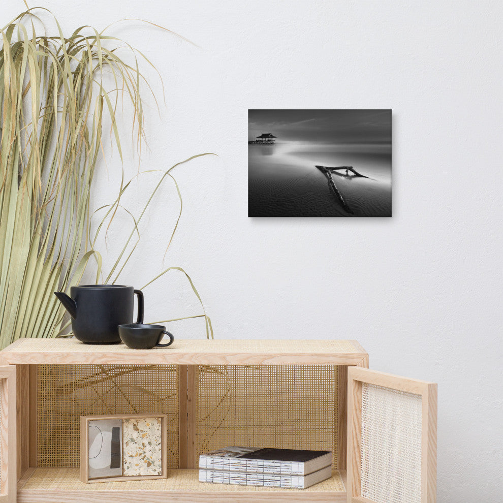 Dramatic Beach Driftwood Black & White Coastal Landscape Photo CanvasArt Print, 12" X 16"
