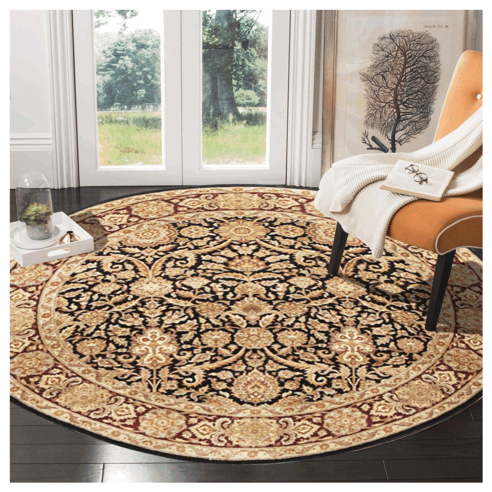 Agra Piaf Traditional Floral Black Hand Knotted Wool Rug 8' Round