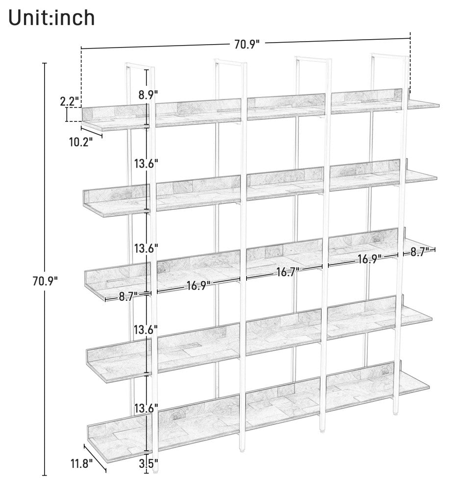 TATEUS Bookcase Home Office Bookshelf, Vintage Industrial Style Shelf 5 tier, Black/Brown