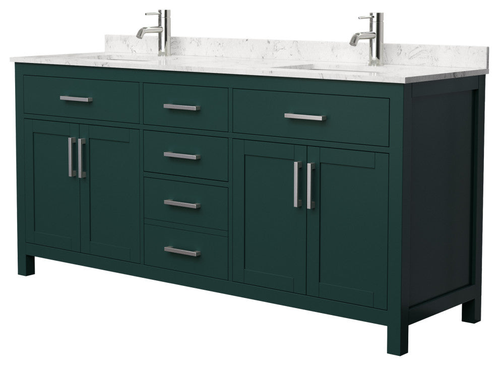 72"DBL Bathroom Vanity Green, Carrara Cult.Marble Countertop, Sinks, Nickel Trim