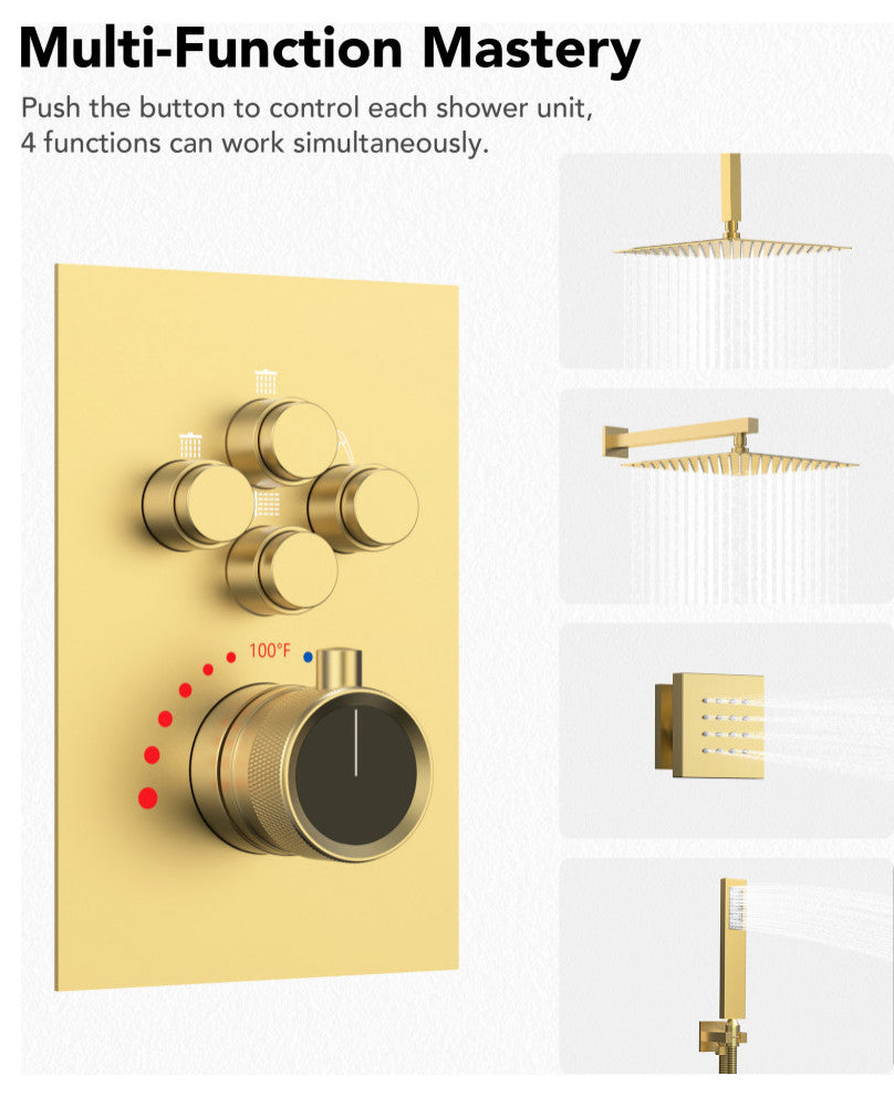 Thermostatic Shower System 12" Dual Shower Heads with Body Jet, Brushed Gold