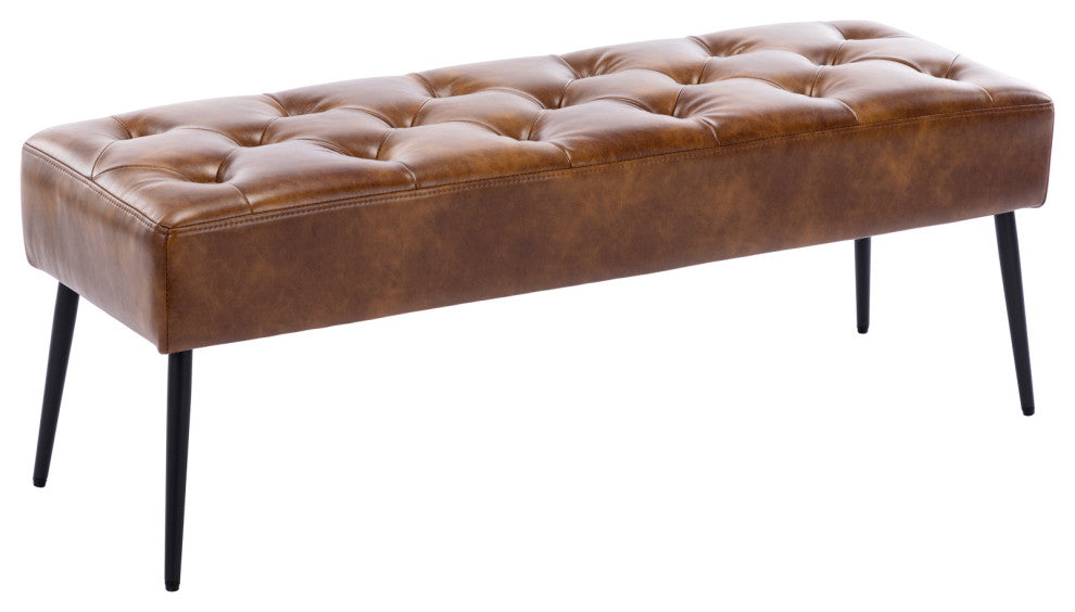 Button Tufts Bedroom Bench, Yellowish Brown With Black Legs-Faux Leather
