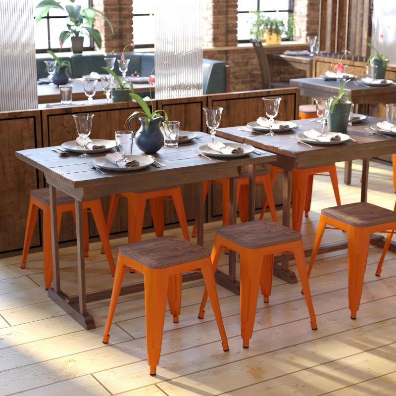 Kai Commercial Grade 18" Barstool with Wooden Seat, Stackable, Set of 4, Orange
