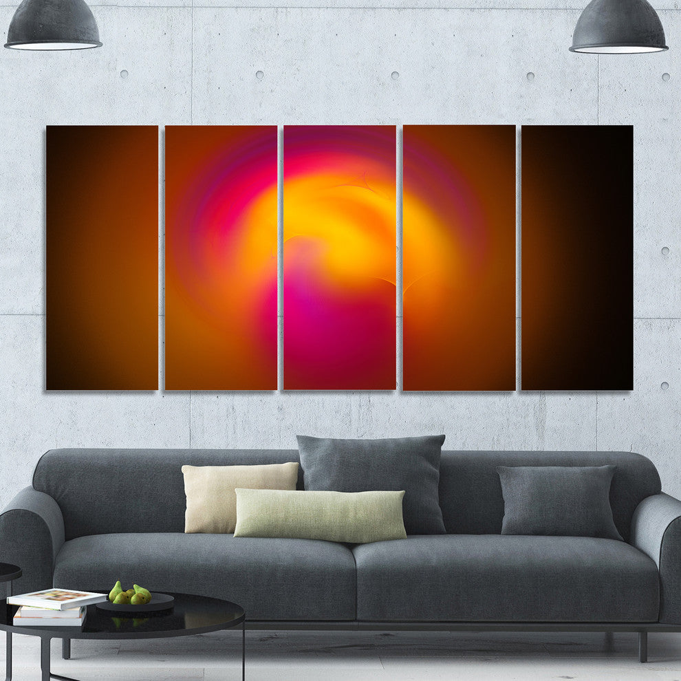 Yellow Pink Misty Sphere on Black, Abstract Canvas Art Print, 60"x28", 5 Panels