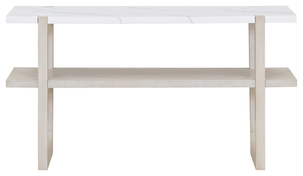 TATEUS Narrow Console Table with Marble-Effect Top for Entryway and Living Room, Gray Wash