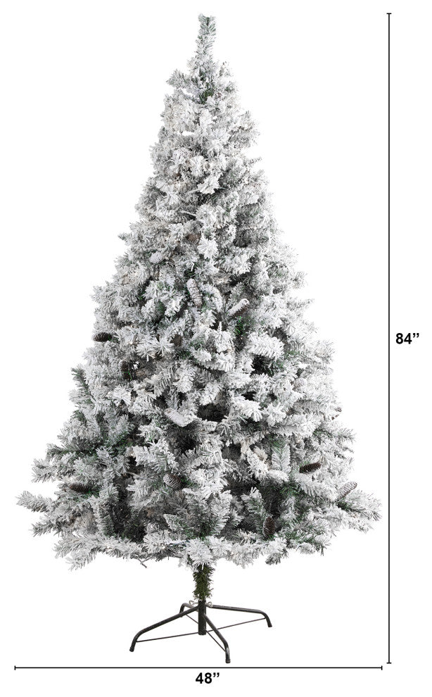 7' Flocked White River Mountain Pine Artificial Christmas Tree With Pinecones