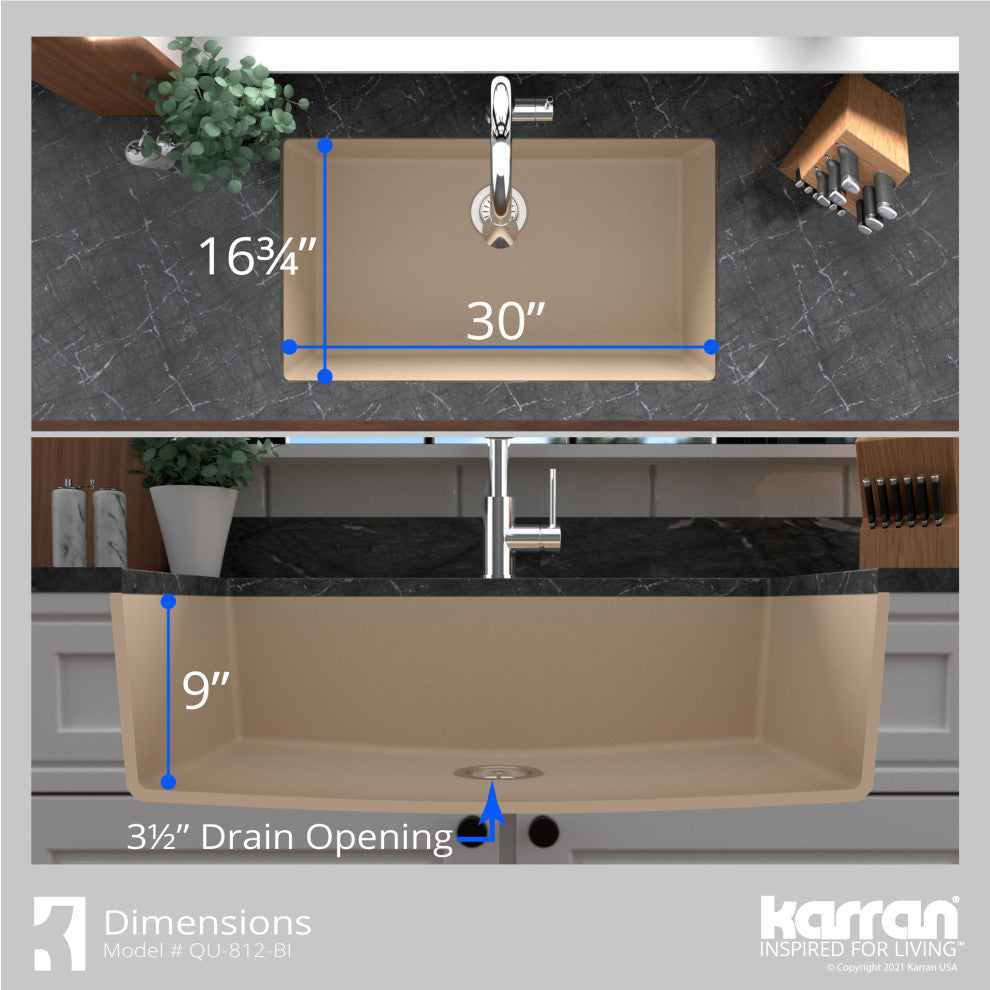 Karran QU-812 Undermount 32.5" Single Bowl Quartz Kitchen Sink, Bisque