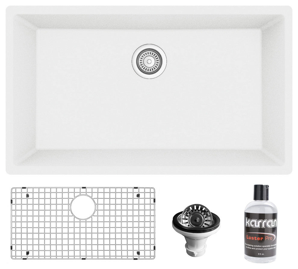 Karran QU-812 Undermount 32.5" Large Single Bowl Quartz Sink Kit, White
