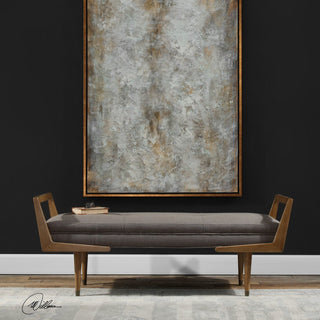 Midcentury Modern Exposed Wood Frame Bench, Tufted Gray Brown Retro Long