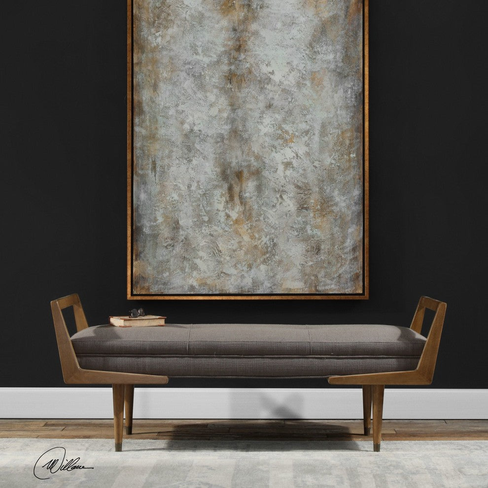 Midcentury Modern Exposed Wood Frame Bench, Tufted Gray Brown Retro Long