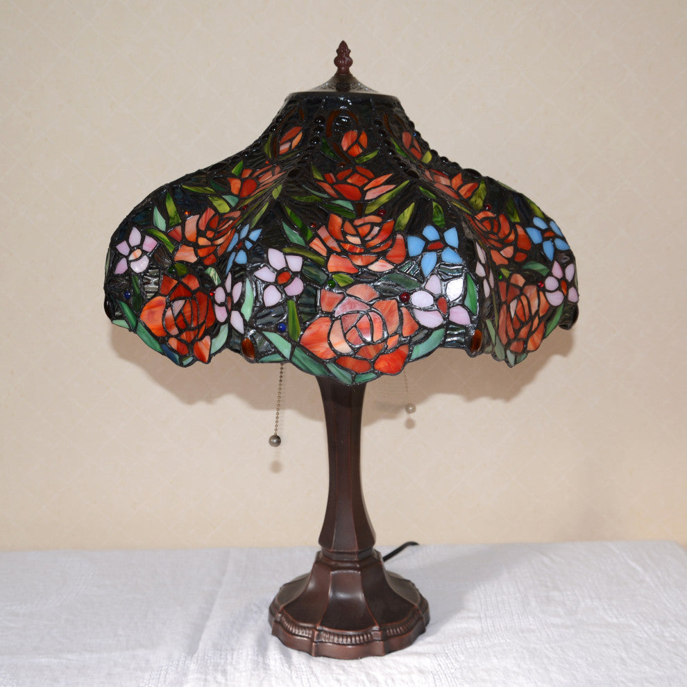 18"W Rose Flower Jeweled Stained Glass Handcrafted Table Desk Lamp, Zinc Base