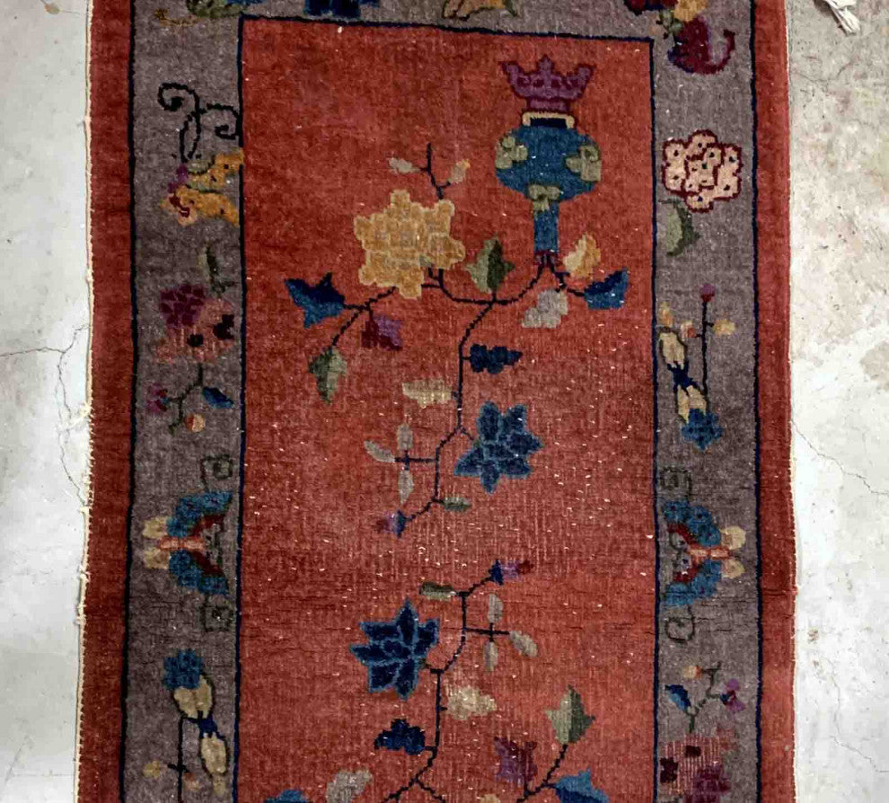 Handmade Antique Art Deco Chinese Rug 2.1'x4.3', 64cmx131cm 1920s