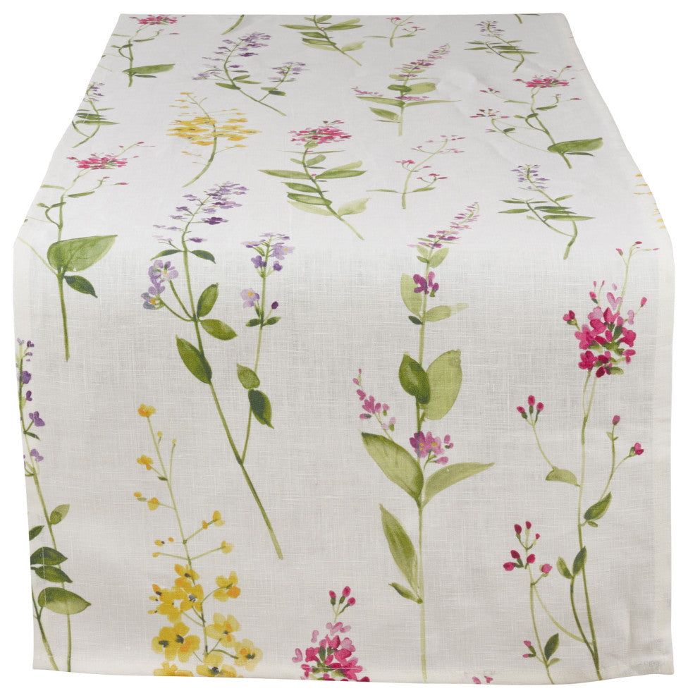 Linen Table Runner With Watercolor Floral Stem Design, Off-White, 16"x72"