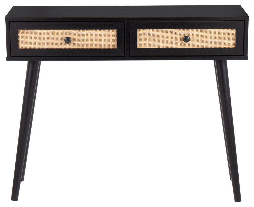 Bora Bora Contemporary Console Table, Black Wood With Rattan Accents