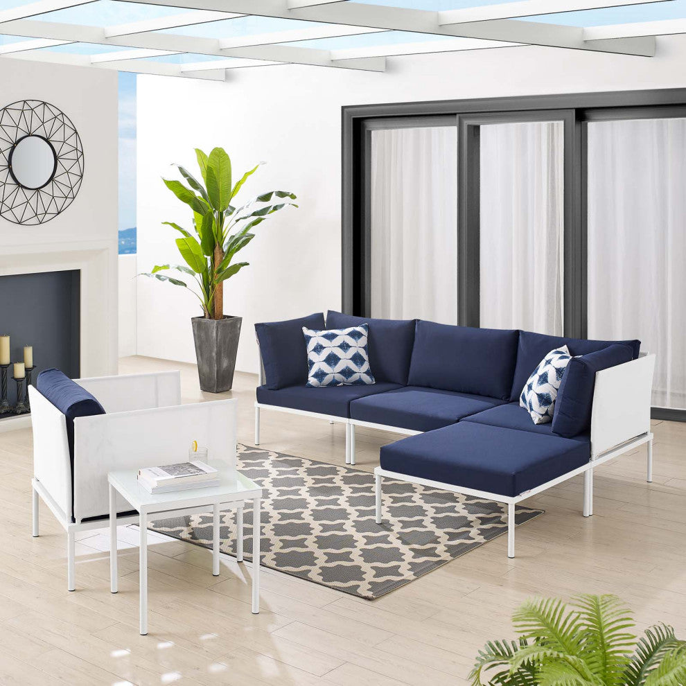 Sectional Sofa Chair Table Set, Sunbrella, Aluminum, White Blue Navy, Outdoor