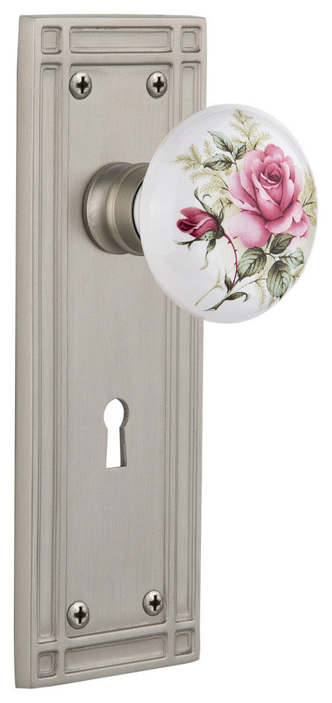 Mission Plate Passage White Rose Porcelain Knob, Satin Nickel