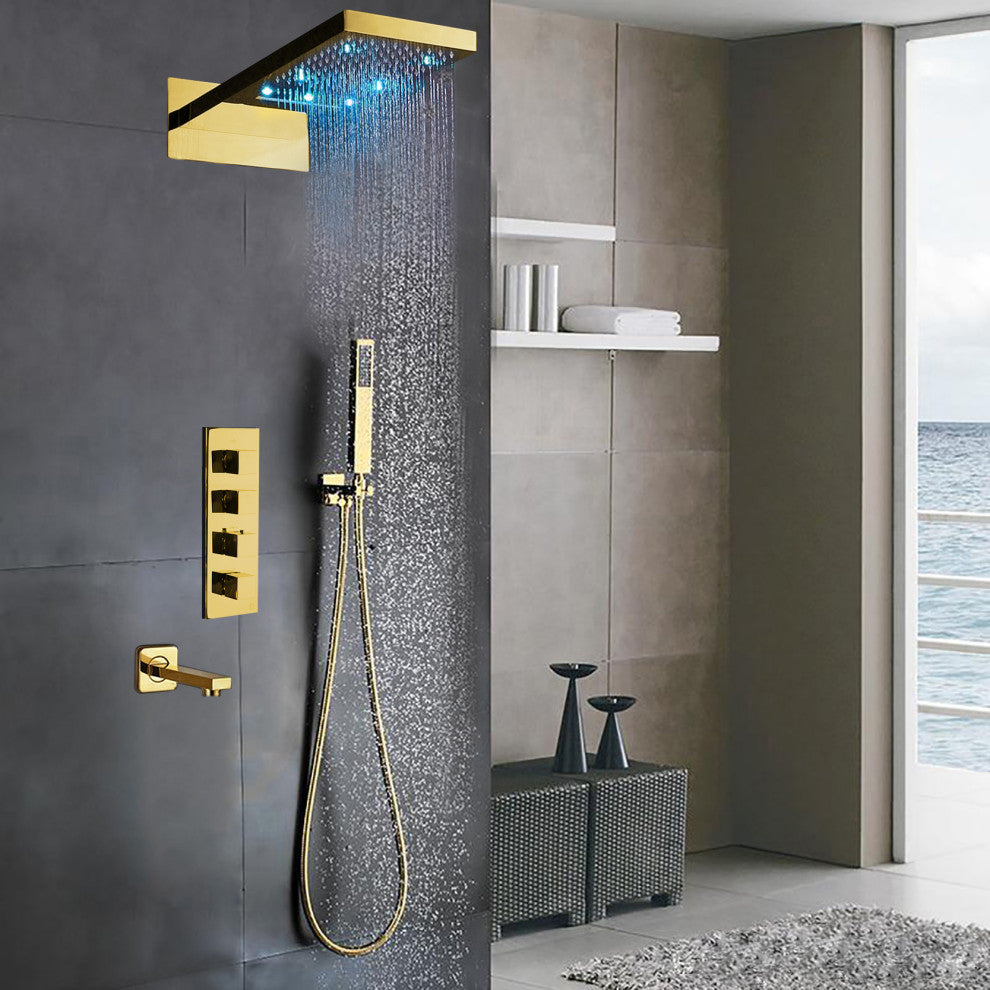 Modena Gold Plated Waterfall and Rainfall LED Showerhead Set