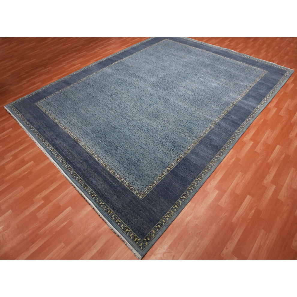 Blue Hand Knotted Modern Design Pure Wool Oversized Oriental Rug, 12'0"x15'4"