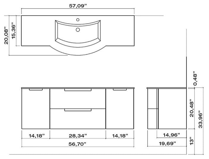 Latoscana OA57OPT4W Oasi 57 Inch Vanity With Both Side Cabinets In White