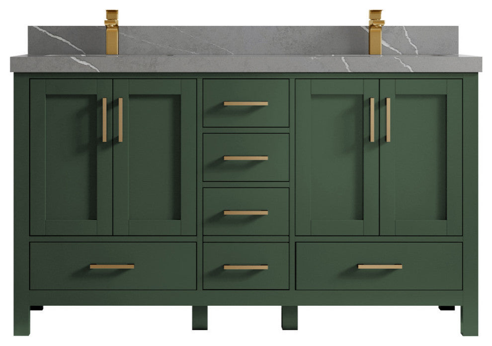 Malibu 60 Double Sink Bathroom Vanity in Lafayette Green 2" Piatra Gray