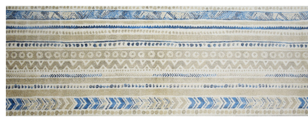 2' x 6' Blue and Taupe Tribal Washable Runner Rug