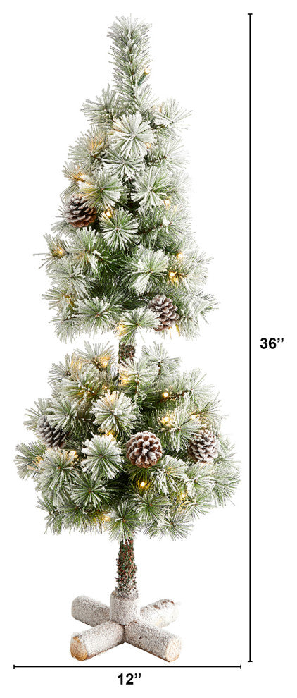 3' Flocked Faux Xmas Tree Topiary With 50 Warm White LED Lights and Pine Cones