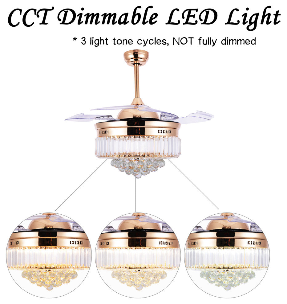Unique Caged Ceiling Fan with Remote, LED light, Retractable Blades, French Gold