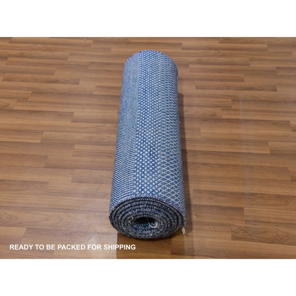 Penn Blue Modern Grass Dyed Wool and Silk Hand Knotted Runner Rug, 2'7"x11'11"
