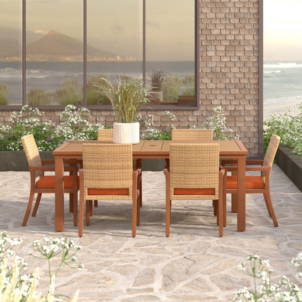 Mili 7 Piece Sunbrella Outdoor Patio Dining Set, Tikka Orange