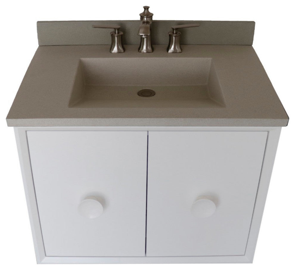 31" Single Vanity, White Finish With White Concrete Top And Rectangle Sink