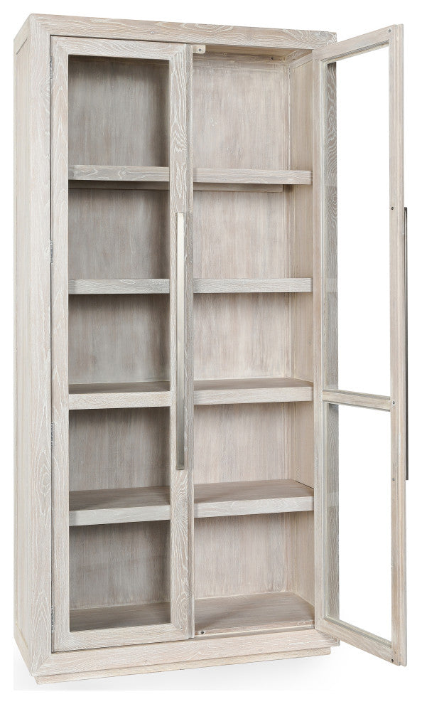 Front view with doors open showing interior shelves; white background.