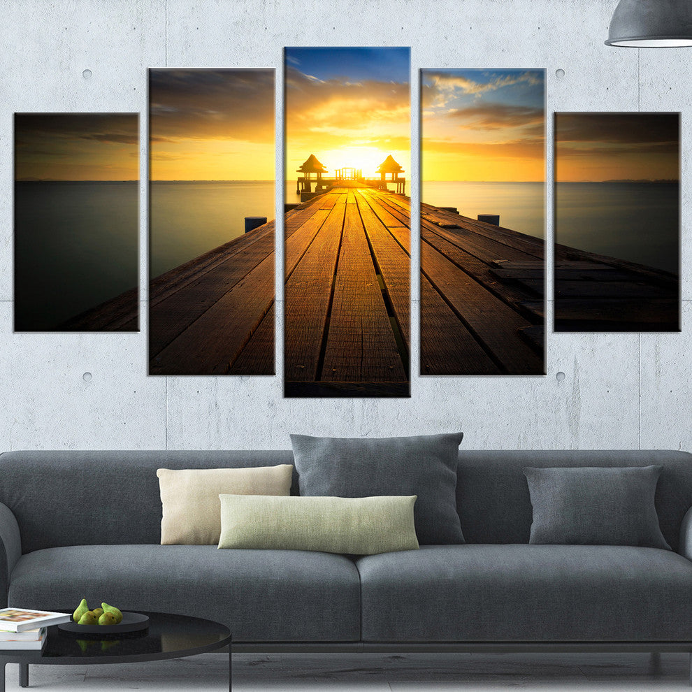 "Massive Wood Pier To Sun At Evening" Sea Pier Wall Art, 5 Panels, 60"x32"