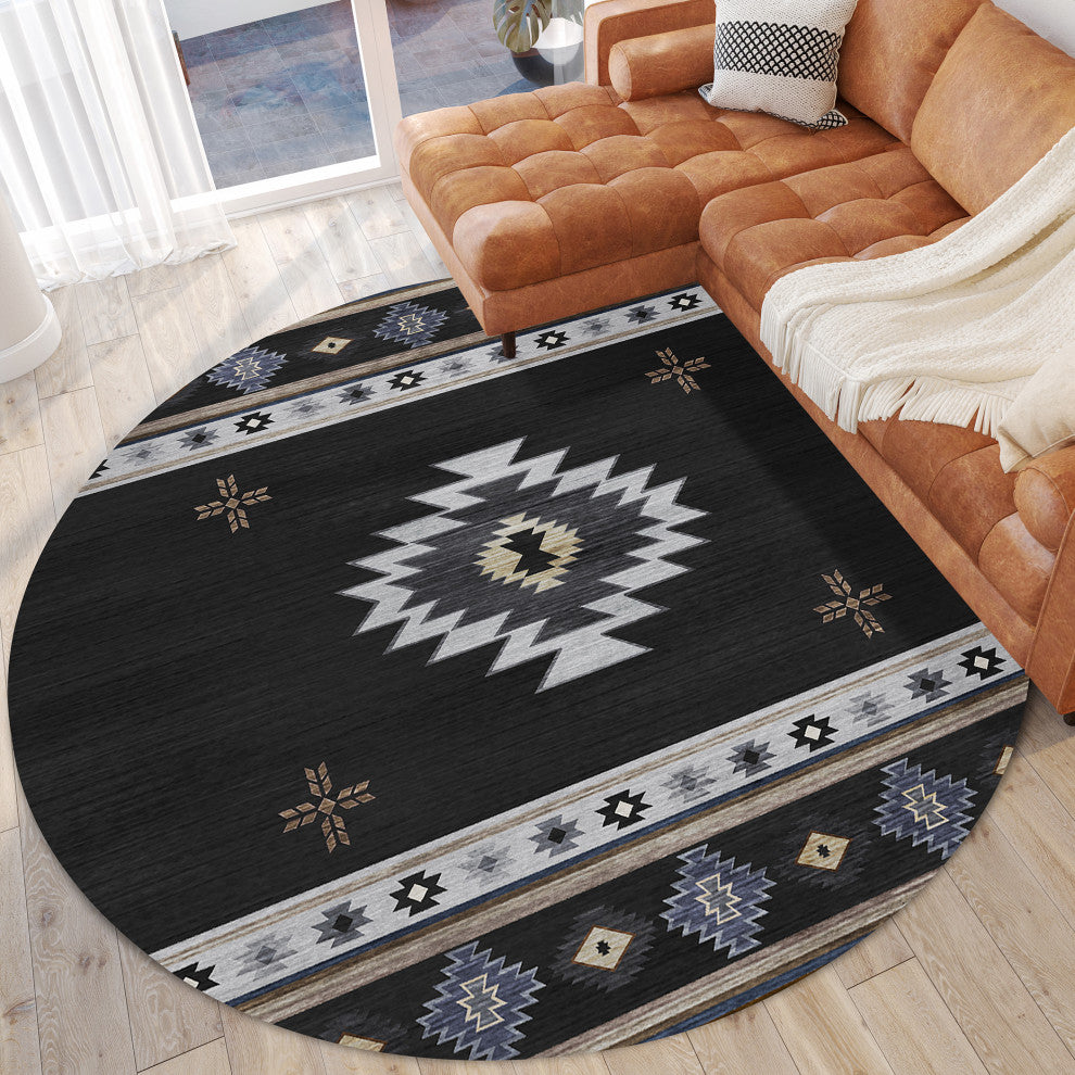 Indoor/Outdoor Phoenix PH4 Black Machine Washable 8' x 8' Round Rug